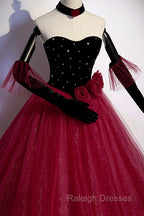 Burgundy Strapless Tulle Long Prom Dress, A-Line Evening Party Dress