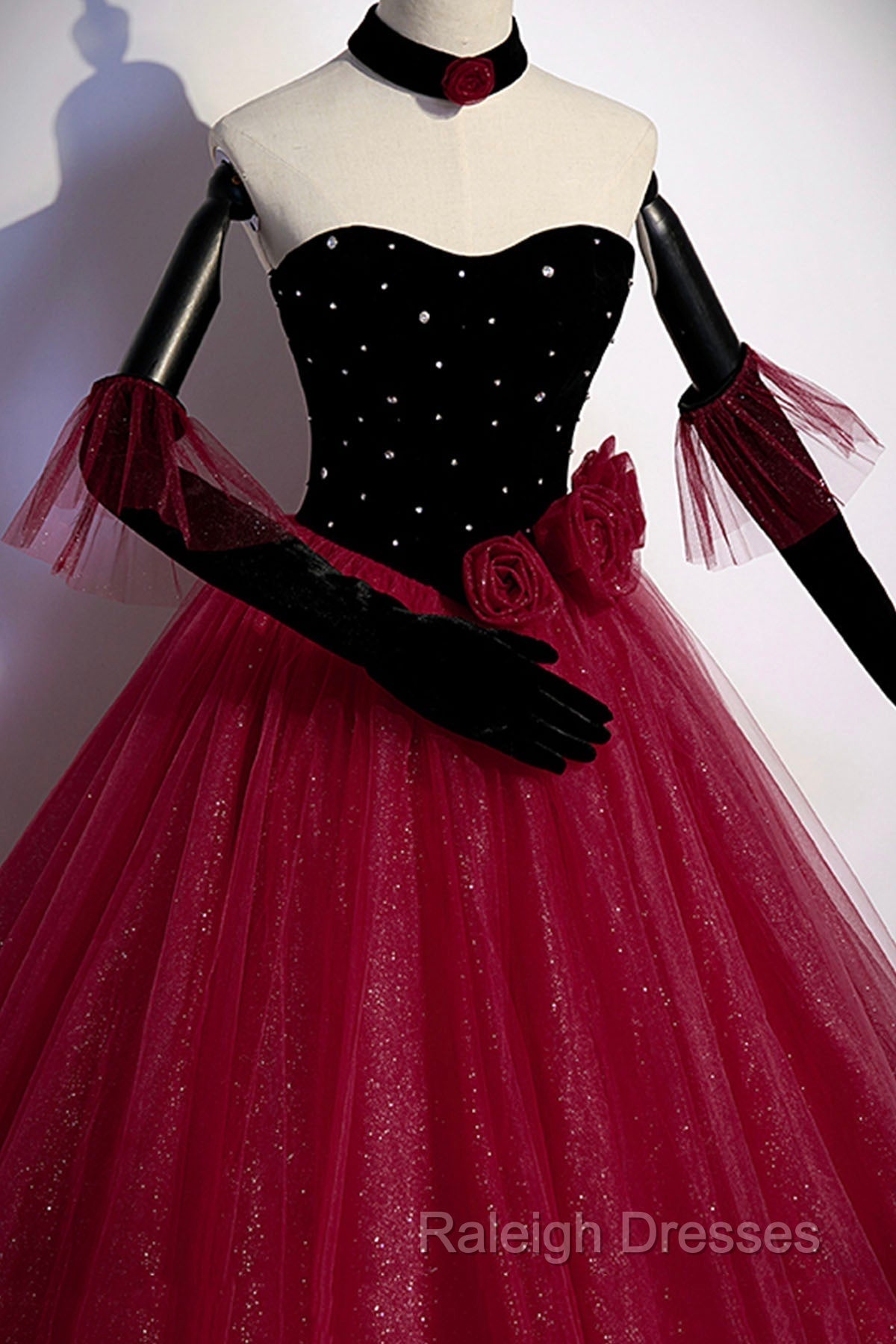 Burgundy Strapless Tulle Long Prom Dress, A-Line Evening Party Dress