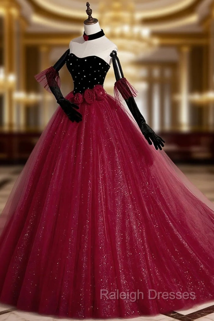Burgundy Strapless Tulle Long Prom Dress, A-Line Evening Party Dress