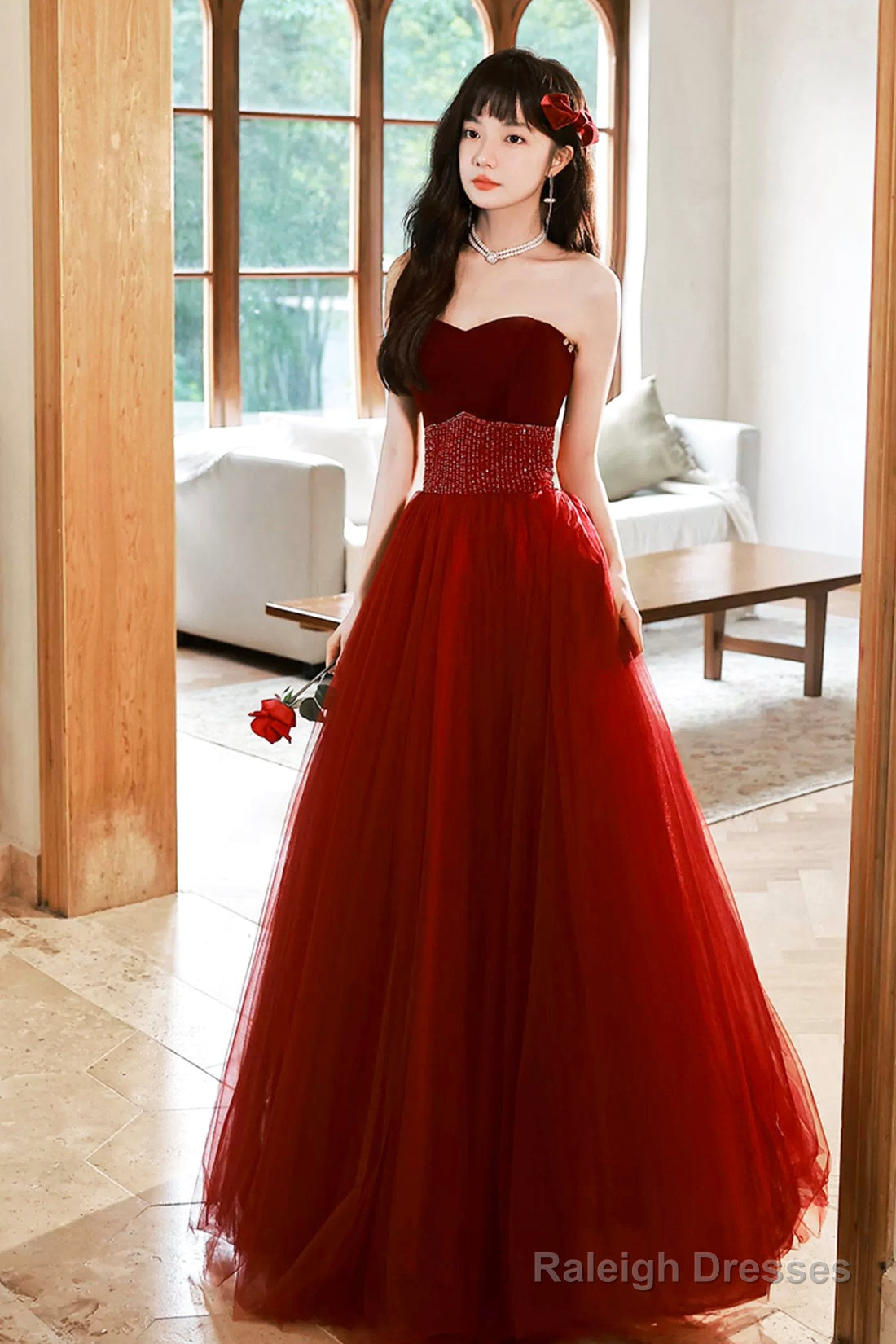 Burgundy Strapless Tulle Long Prom Dress With Beaded, Burgundy Tulle Formal Dress