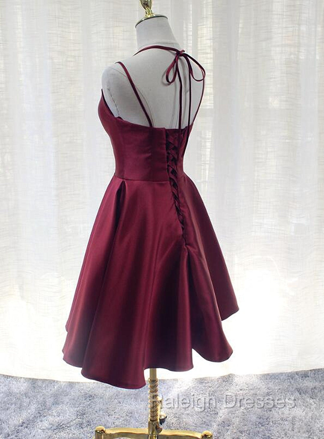 Burgundy Straps V Neckline Short Prom Dress , Lovely Satin Homecoming Dress Secondary image