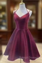 Burgundy Straps V Neckline Short Prom Dress , Lovely Satin Homecoming Dress