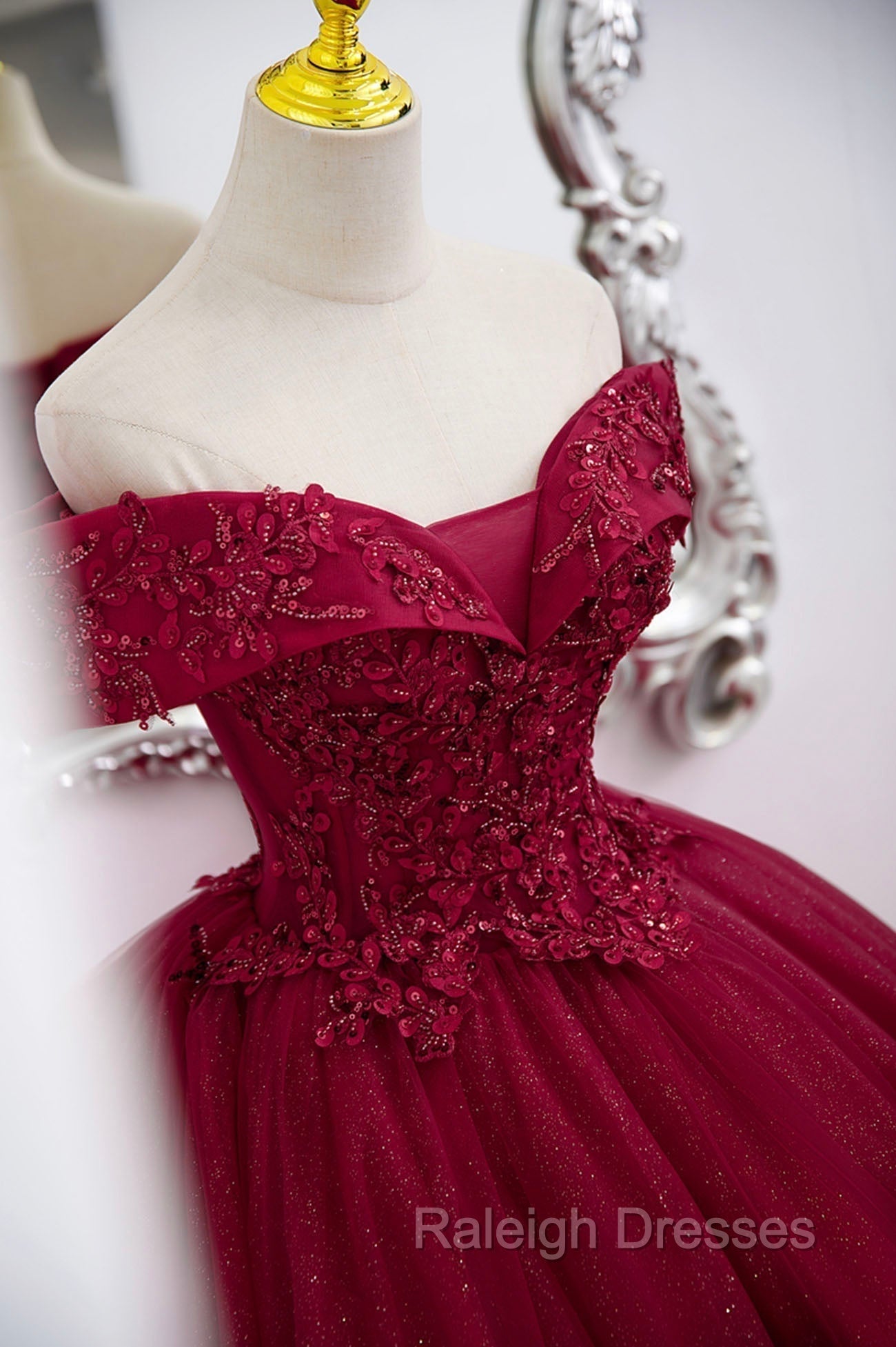Burgundy Sweet 16 Formal Gown with Lace, Off the Shoulder Prom Dress Party Dress Secondary image