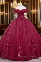 Burgundy Sweet 16 Formal Gown with Lace, Off the Shoulder Prom Dress Party Dress