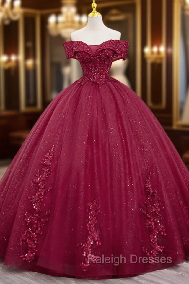 Burgundy Sweet 16 Formal Gown with Lace, Off the Shoulder Prom Dress Party Dress