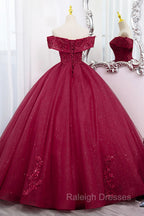 Burgundy Sweet 16 Formal Gowns with Lace, Off the Shoulder Prom Dress