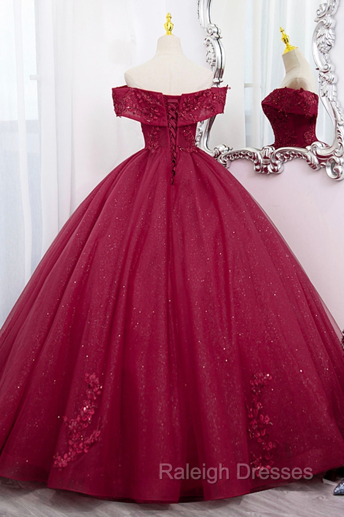 Burgundy Sweet 16 Formal Gowns with Lace, Off the Shoulder Prom Dress