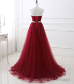 Burgundy Sweet Neck Tulle Long Prom Gown, Burgundy Evening Dress