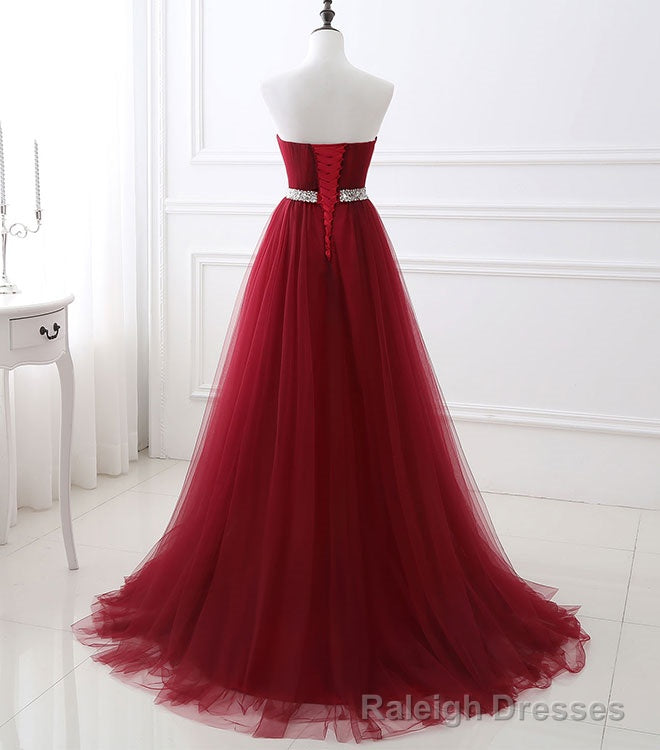 Burgundy Sweet Neck Tulle Long Prom Gown, Burgundy Evening Dress