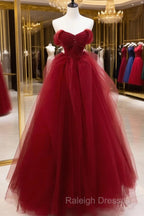 Burgundy Sweetheart Ball Gown Tulle With Beaded Prom Dress, Burgundy Party Dress