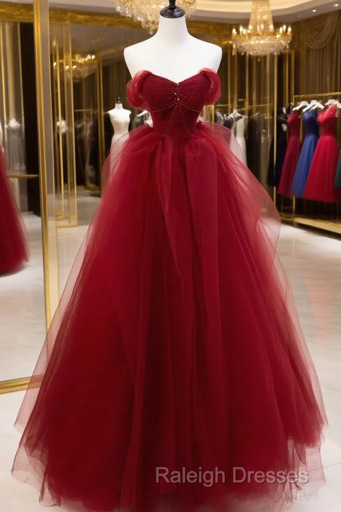 Burgundy Sweetheart Ball Gown Tulle With Beaded Prom Dress, Burgundy Party Dress