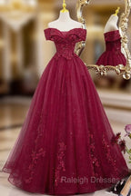 Burgundy Sweetheart Flowers Sequins Lace Party Dress, Long Formal Dress Prom Dress