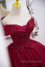 Burgundy Sweetheart Flowers Sequins Lace Prom Dresses Long Prom Dresseses