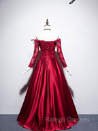 Burgundy Sweetheart Lace Satin Long Prom Dress Burgundy Evening Dress