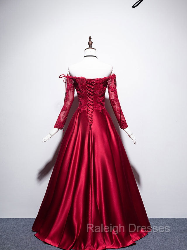 Burgundy Sweetheart Lace Satin Long Prom Dress Burgundy Evening Dress