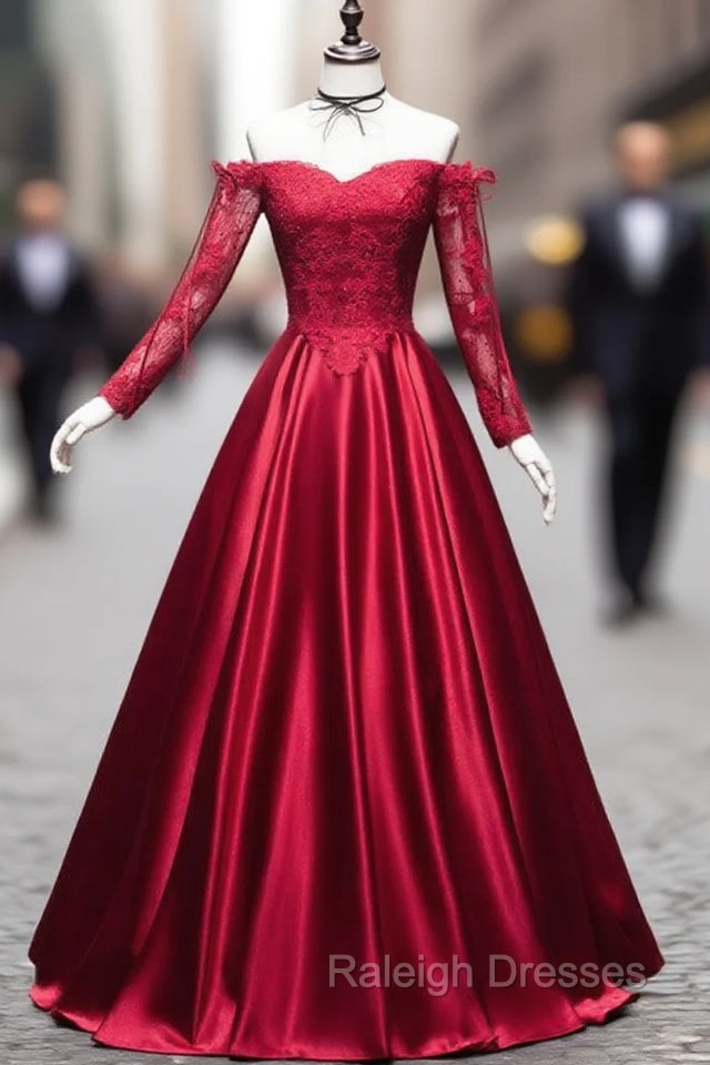 Burgundy Sweetheart Lace Satin Long Prom Dress Burgundy Evening Dress Main image