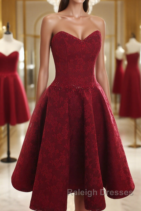 Burgundy sweetheart lace short prom Dresses burgundy homecoming Dresses Main image