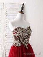 Burgundy Sweetheart Neck Lace Applique Tulle Long Prom Dresses