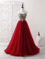 Burgundy Sweetheart Neck Lace Applique Tulle Long Prom Dresses