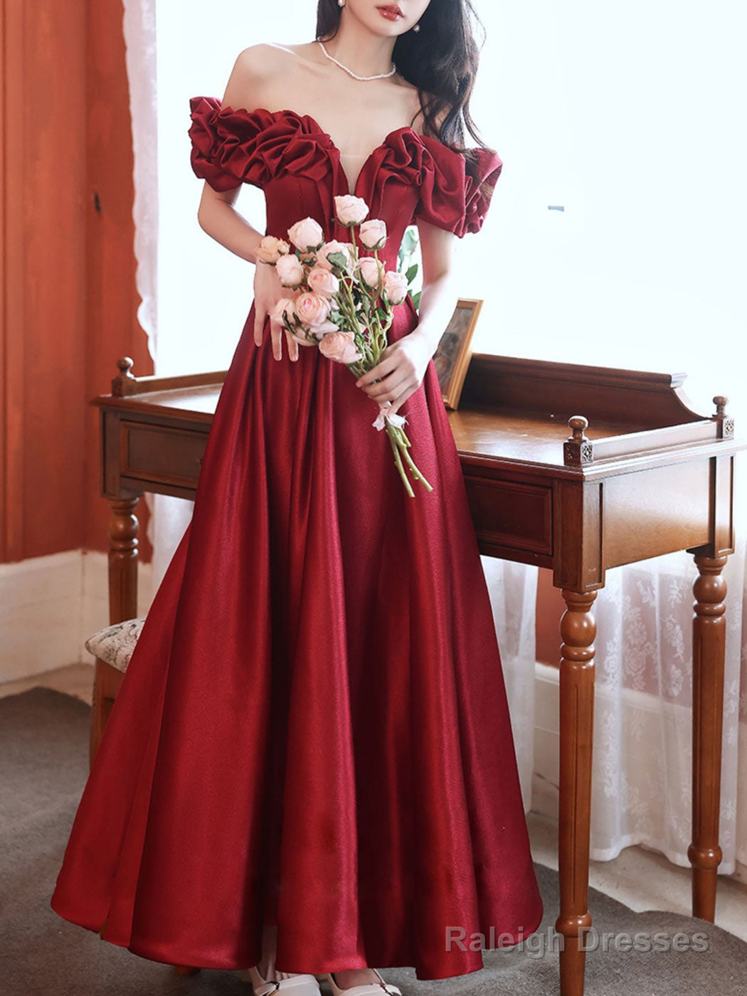 Burgundy Sweetheart Neck Satin Long Prom Dress, Satin Long Evening Dresses Secondary image
