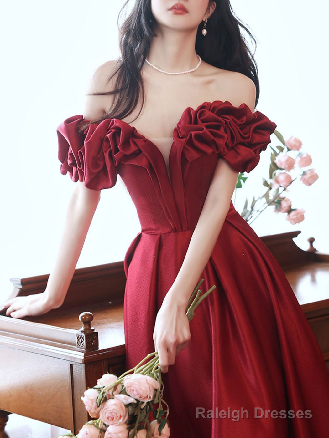Burgundy Sweetheart Neck Satin Long Prom Dress, Satin Long Evening Dresses Main image