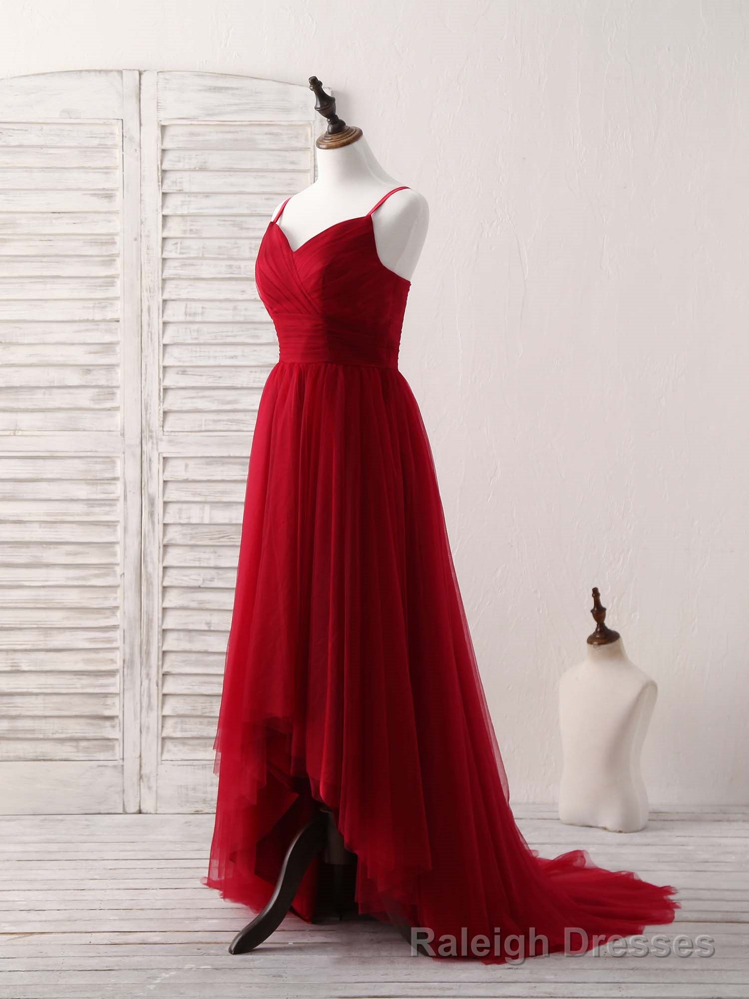 Burgundy Sweetheart Neck Tulle High Low Prom Dress, Burgundy Formal Dress Secondary image