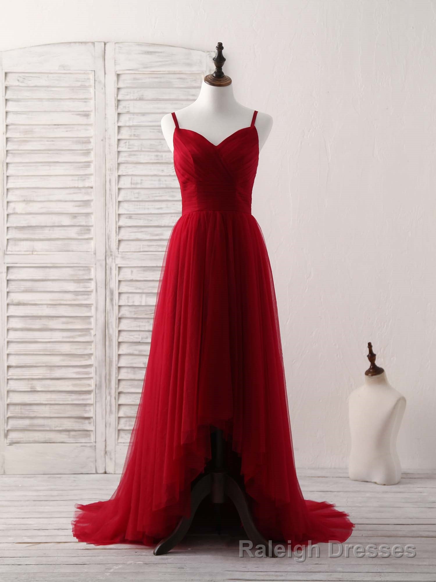 Burgundy Sweetheart Neck Tulle High Low Prom Dress, Burgundy Formal Dress Main image