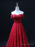 Burgundy Sweetheart Neck Tulle Lace Long Prom Dress, Lace Evening Dress