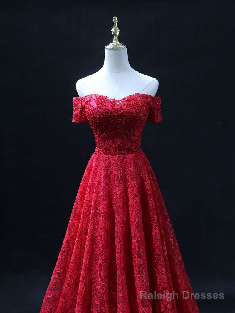 Burgundy Sweetheart Neck Tulle Lace Long Prom Dress, Lace Evening Dress