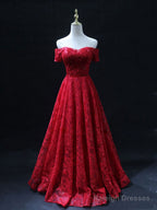 Burgundy Sweetheart Neck Tulle Lace Long Prom Dress, Lace Evening Dress