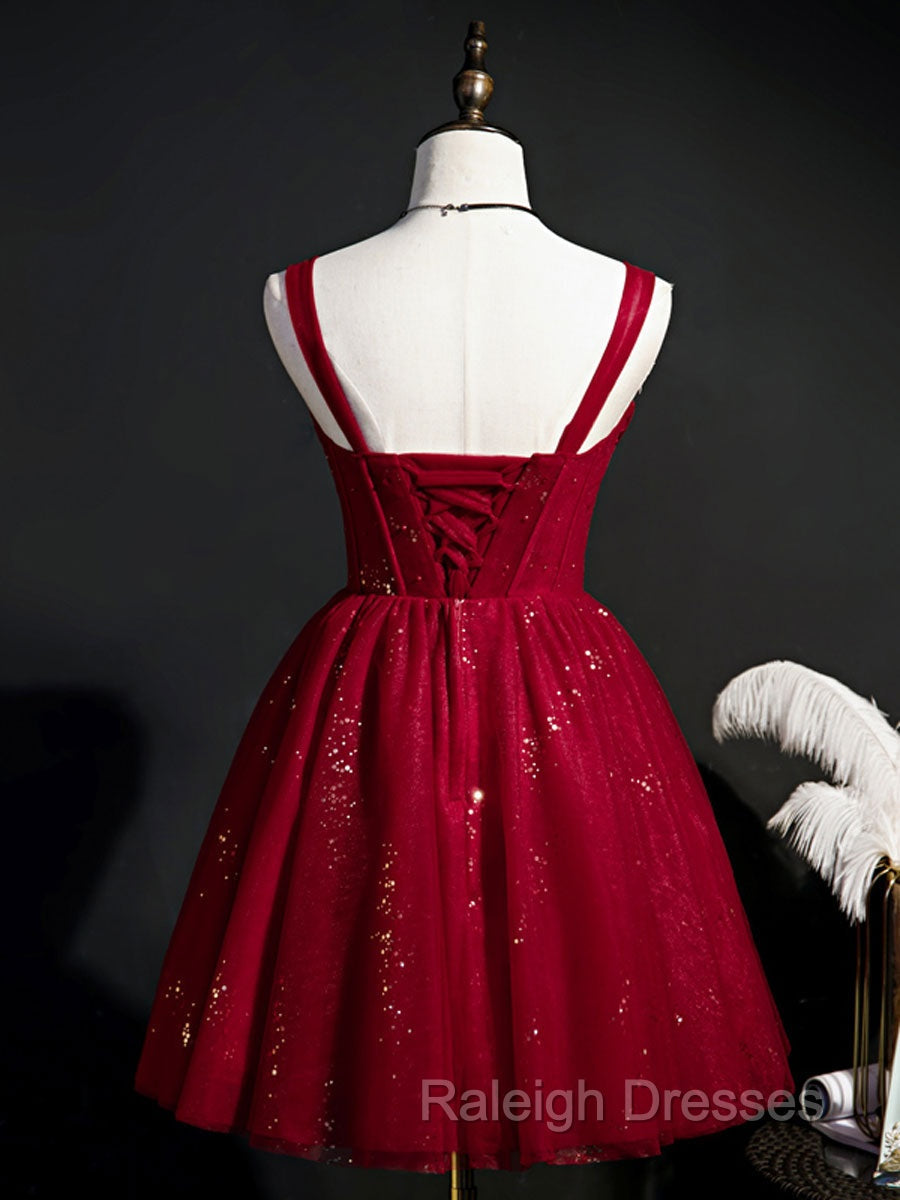 Burgundy Sweetheart Neck Tulle Sequin Short Prom Dresses Puffy Cute Homecoming Dress