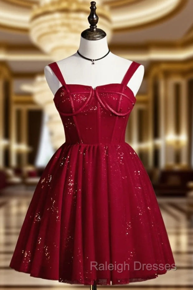 Burgundy Sweetheart Neck Tulle Sequin Short Prom Dress, Puffy Cute Homecoming  Dresses