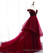 Burgundy Sweetheart Off Shoulder Tulle Long Prom Dress Tulle Formal Dress