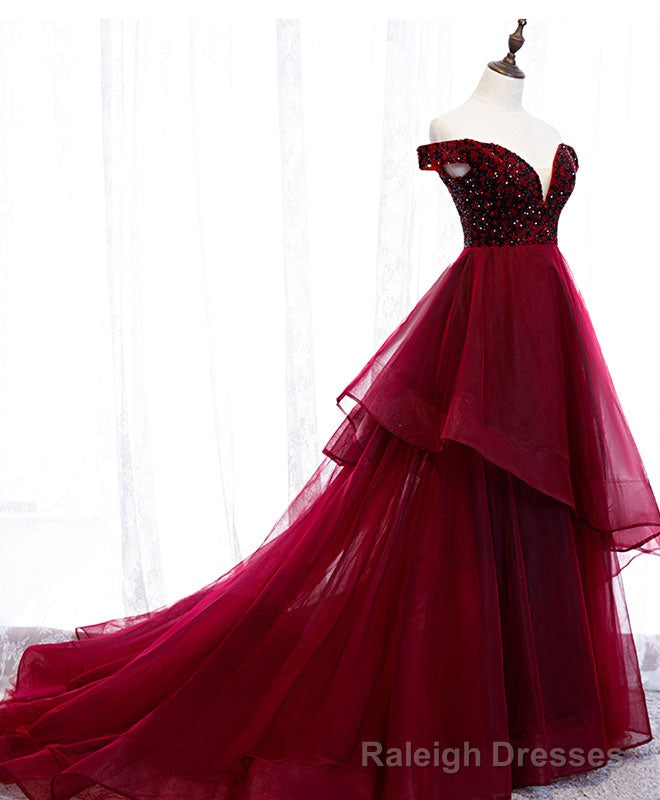 Burgundy Sweetheart Off Shoulder Tulle Long Prom Dress Tulle Formal Dress Main image
