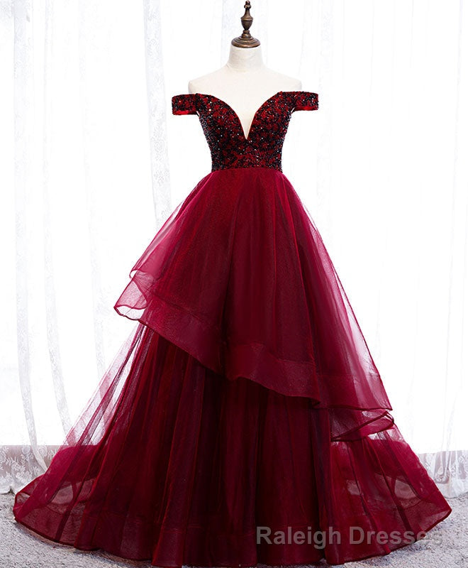 Burgundy Sweetheart Off Shoulder Tulle Long Prom Dress Tulle Formal Dress Secondary image