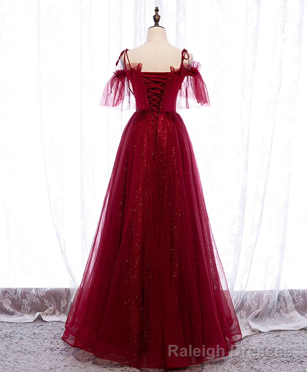 Burgundy Sweetheart Tulle Lace Long Backless Appliques Prom Dress