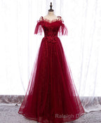 Burgundy Sweetheart Tulle Lace Long Prom Dress Burgundy Formal Dress