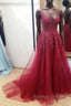 Burgundy sweetheart tulle lace long prom dress formal dress