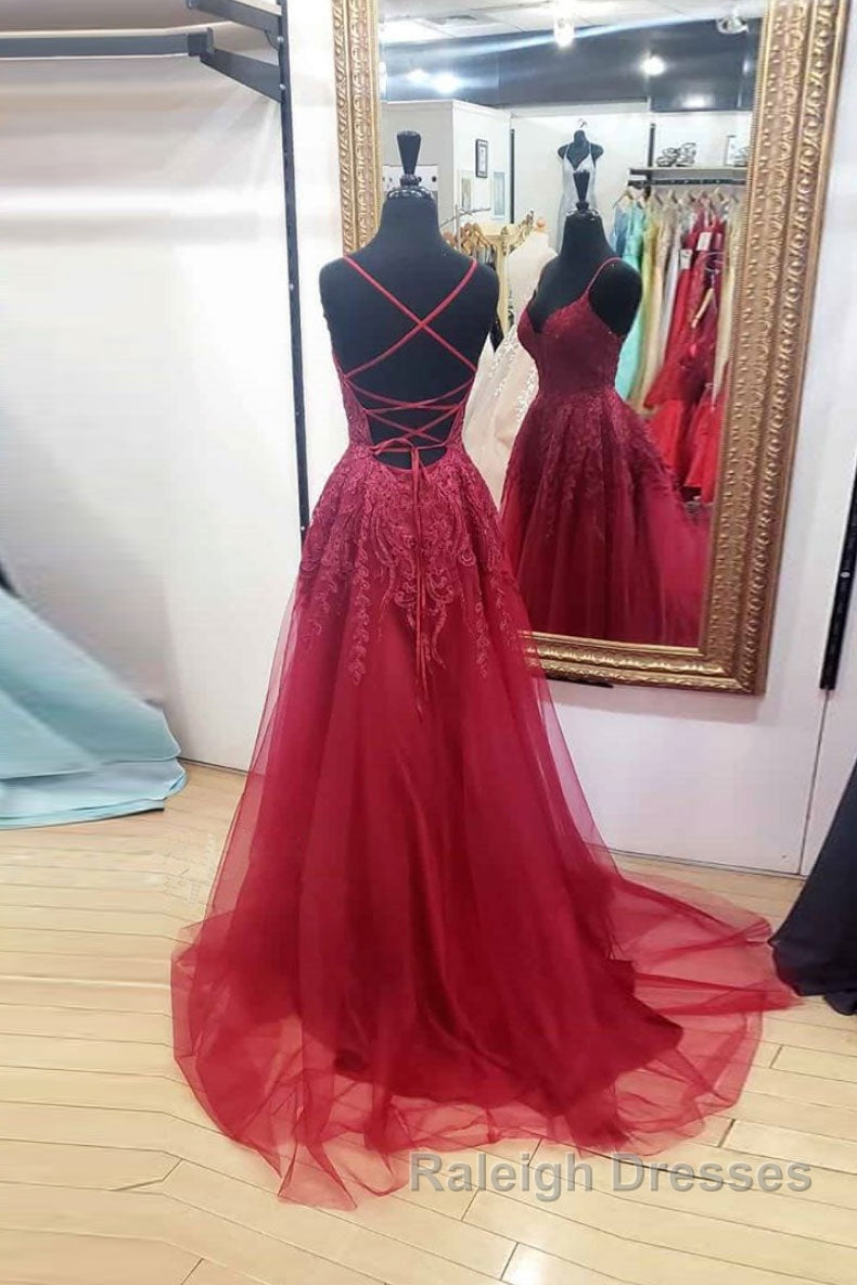 Burgundy sweetheart tulle lace Prom Dresses Long Prom Dresses