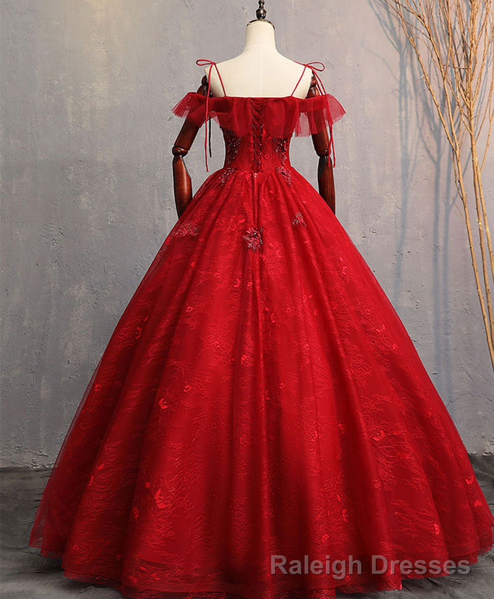 Burgundy Sweetheart Tulle Lace Long Prom Gown, Lace Formal Dress Main image