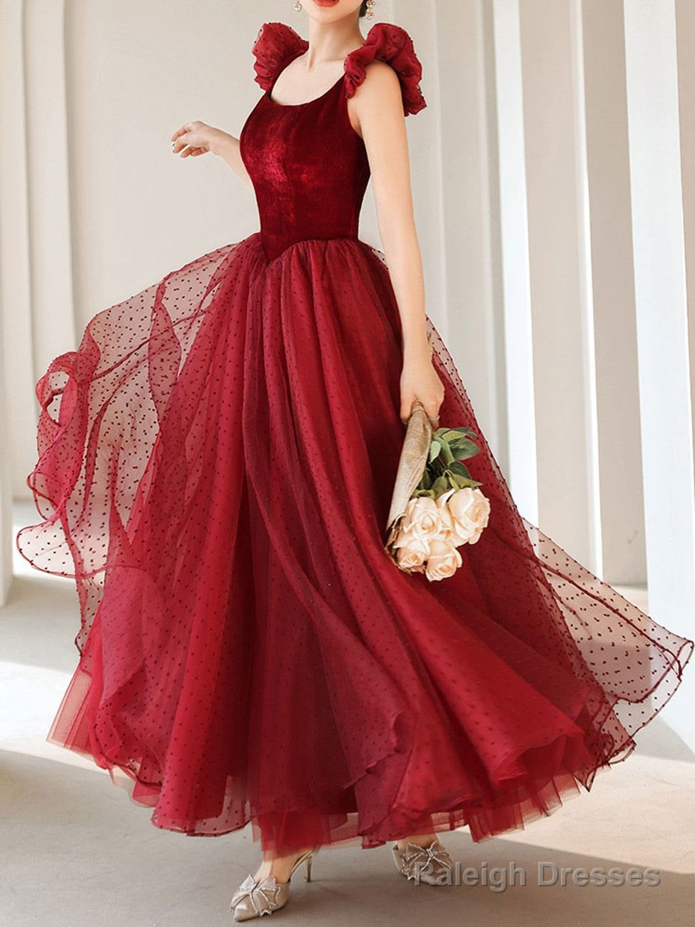 Burgundy Tea Length Prom Dresses, Burgundy Formal Bridesmaid Dresses Main image