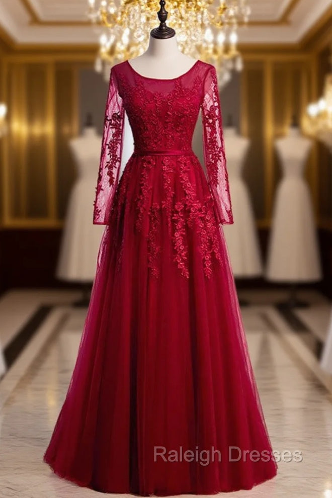 Burgundy Tulle Appliques Long Sleeve Prom Dress Main image