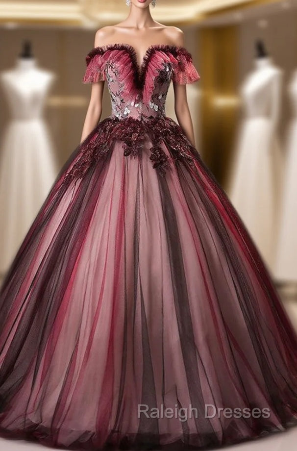 Burgundy Tulle Appliques Quinceanera Dress