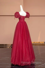 Burgundy Tulle Beaded Floor Length Prom Dress, A Line Short Sleeve Prom Dress
