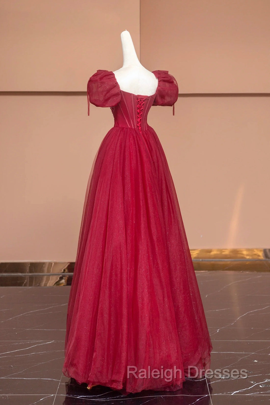 Burgundy Tulle Beaded Floor Length Prom Dress, A Line Short Sleeve Prom Dress
