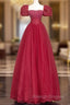 Burgundy Tulle Beaded Floor Length Prom Dress, A-Line Short Sleeve Evening Dress