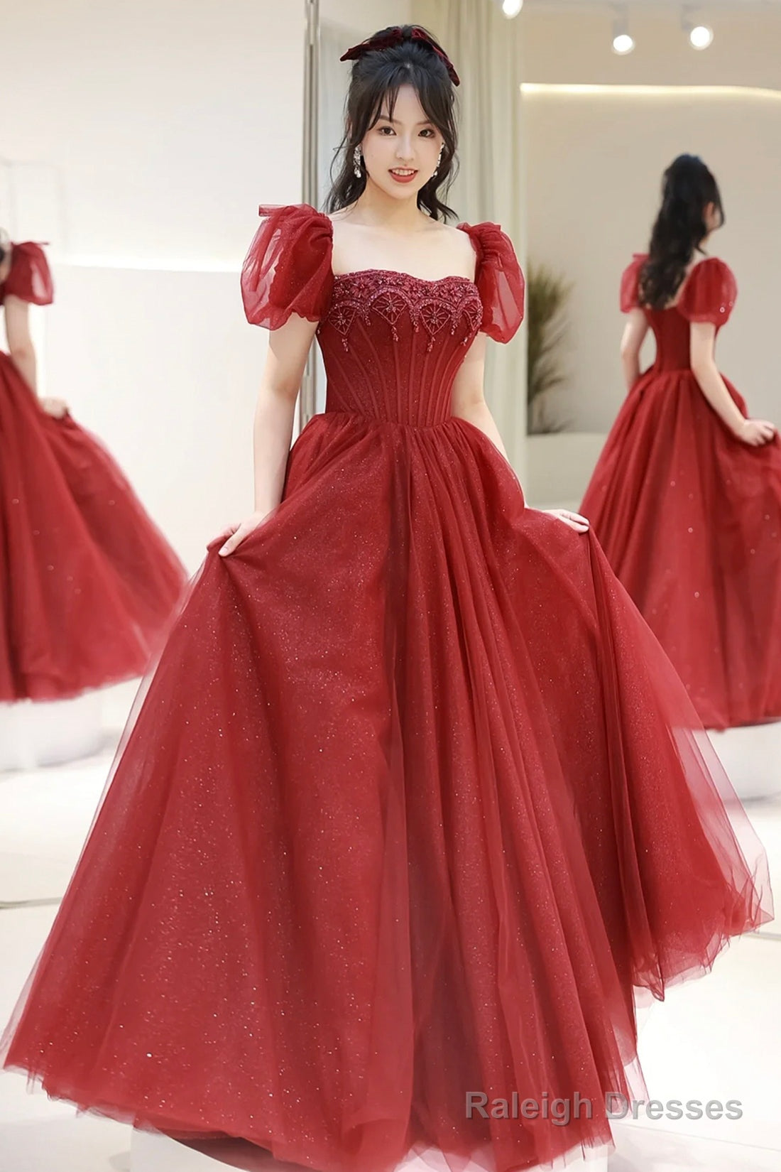 Burgundy Tulle Beaded Floor Length Prom Dress, Beautiful Short Sleeve Evening Party Dress Secondary image