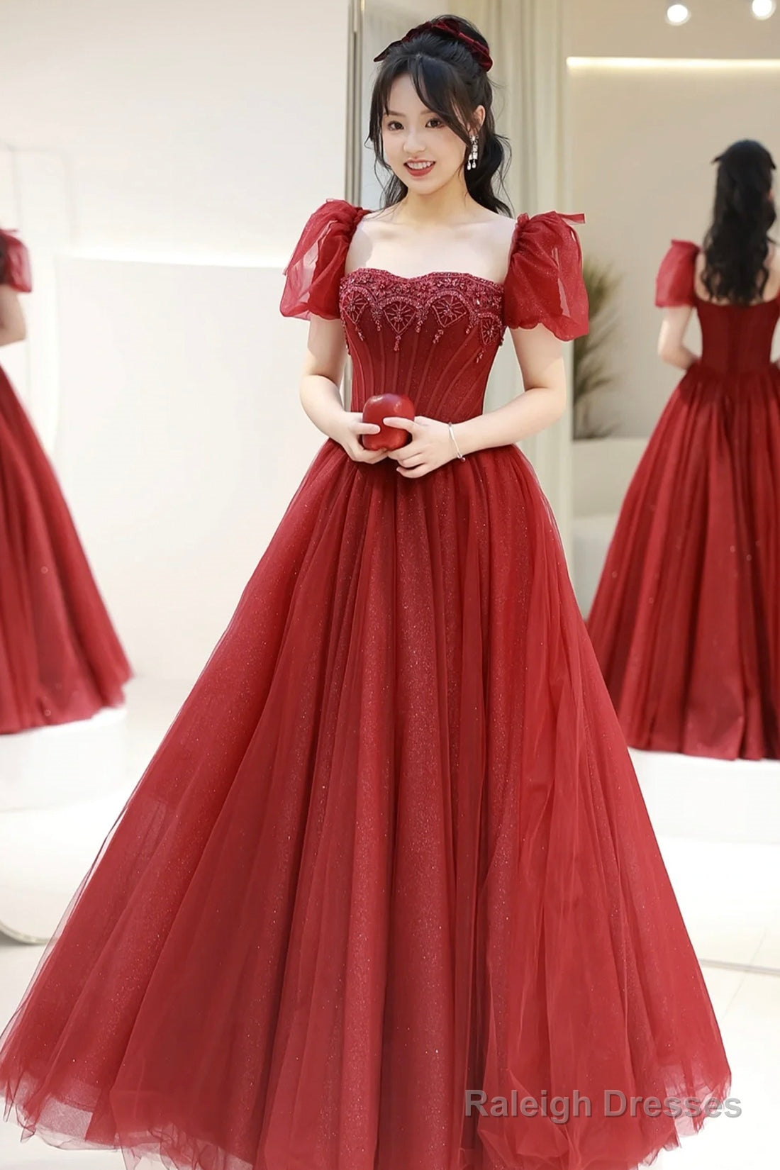 Burgundy Tulle Beaded Floor Length Prom Dress, Beautiful Short Sleeve Evening Party Dress