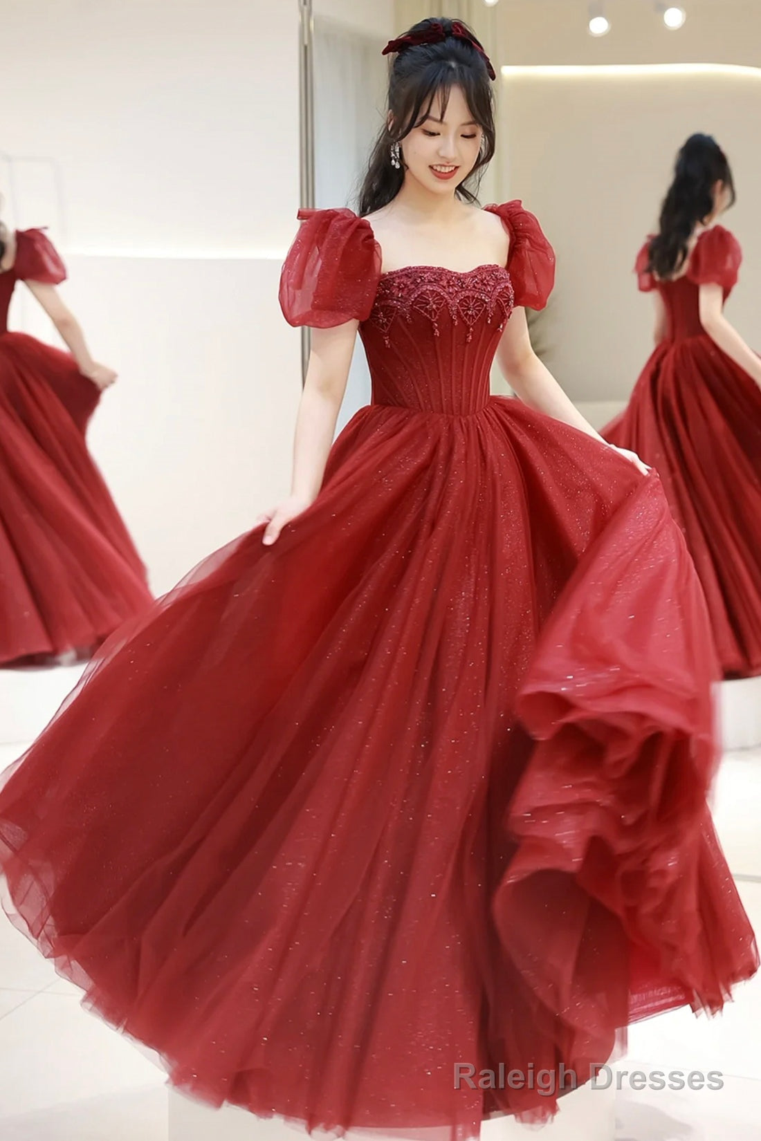 Burgundy Tulle Beaded Floor Length Prom Dress, Beautiful Short Sleeve Evening Party Dress Main image