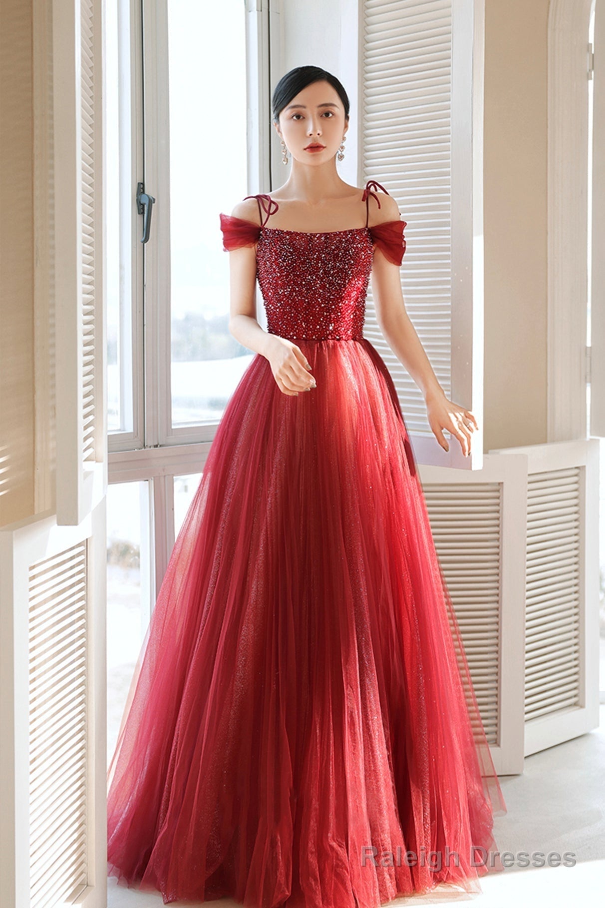 Burgundy Tulle Beaded Long Formal Dress,  Spaghetti Straps A-Line Prom Dress Secondary image
